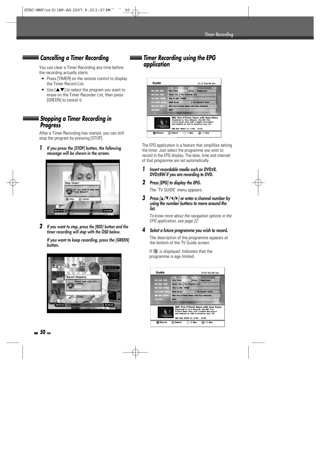 Daewoo DRVT-43, DRVT-40 instruction manual Cancelling a Timer Recording, Timer Recording using the EPG application 