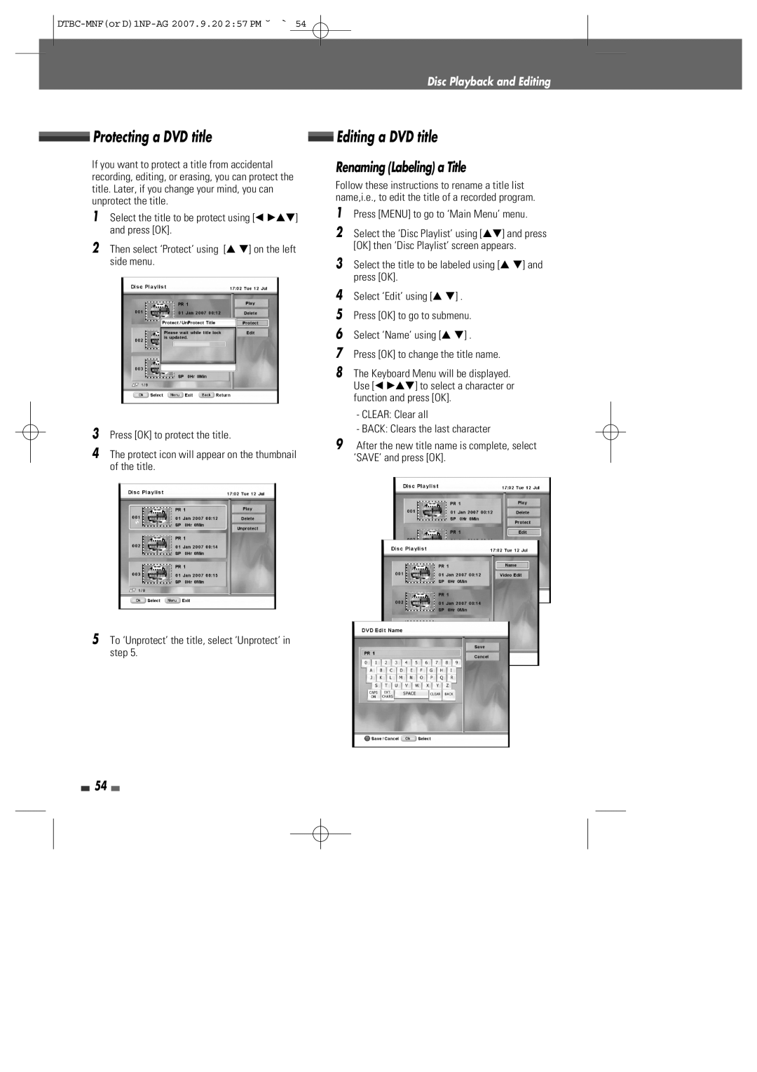 Daewoo DRVT-43, DRVT-40 instruction manual Protecting a DVD title, Renaming Labeling a Title, Disc Playback and Editing 