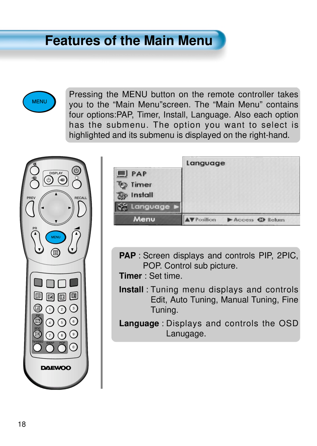 Daewoo DSA-9310E manual Features of the Main Menu 