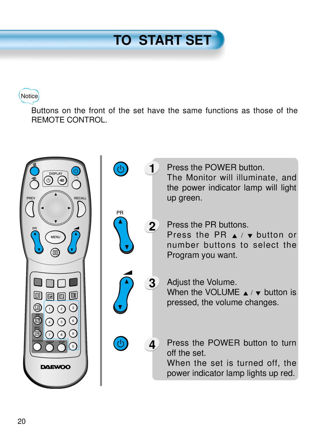 Daewoo DSA-9310E manual To Start SET 