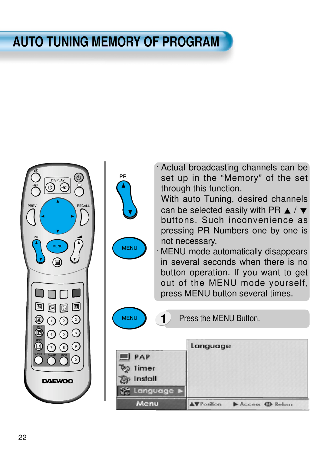 Daewoo DSA-9310E manual Auto Tuning Memory of Program 