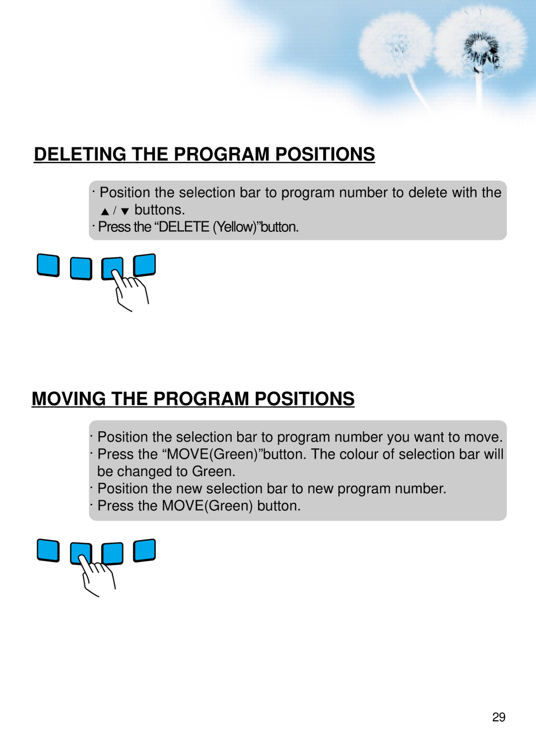 Daewoo DSA-9310E manual Deleting the Program Positions, Moving the Program Positions 