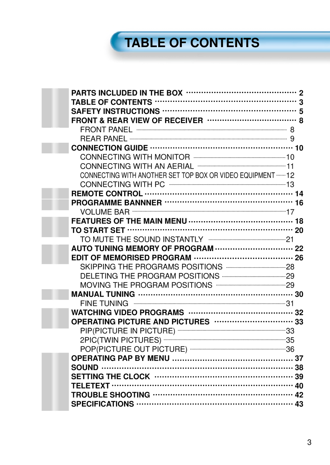 Daewoo DSA-9310E manual Table of Contents 