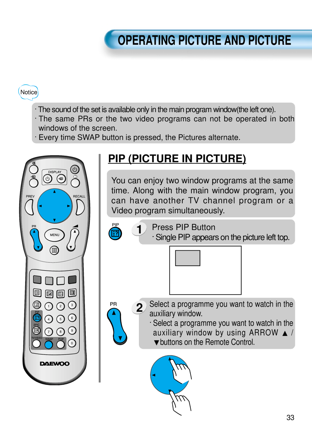 Daewoo DSA-9310E manual Operating Picture and Picture, PIP Picture in Picture 