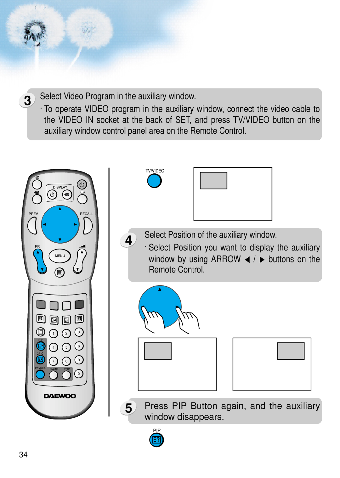 Daewoo DSA-9310E manual Select Video Program in the auxiliary window 