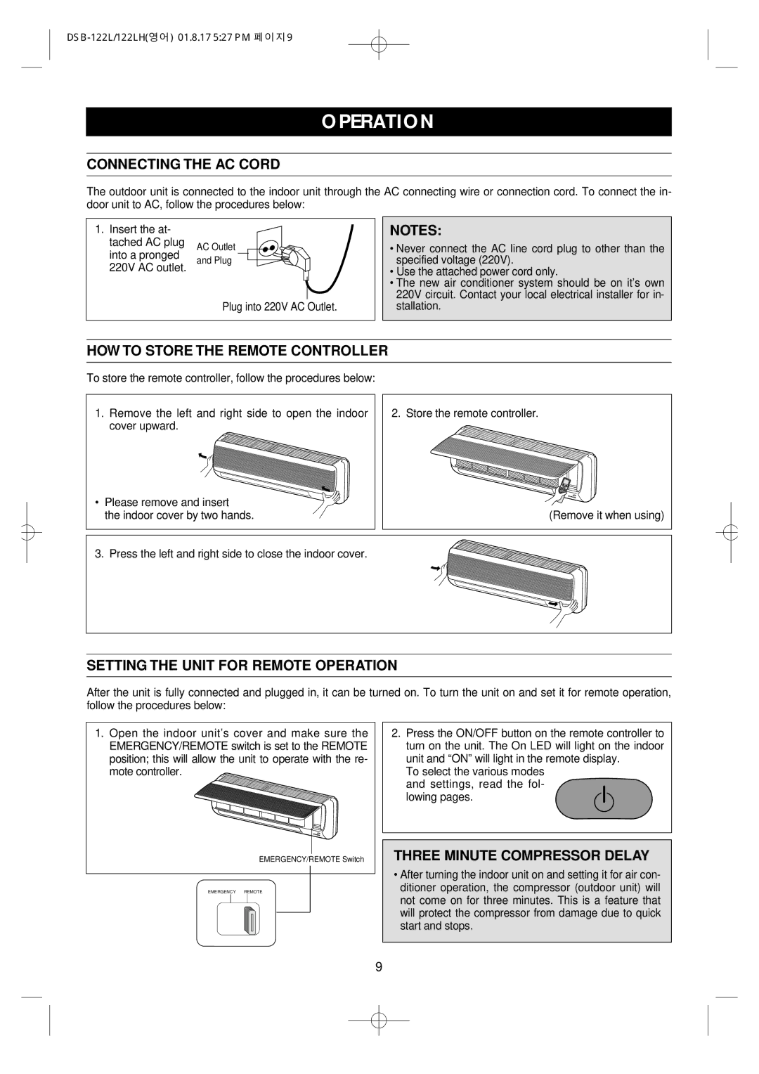 Daewoo DSB-122LH Operation, Connecting the AC Cord, HOW to Store the Remote Controller, Three Minute Compressor Delay 