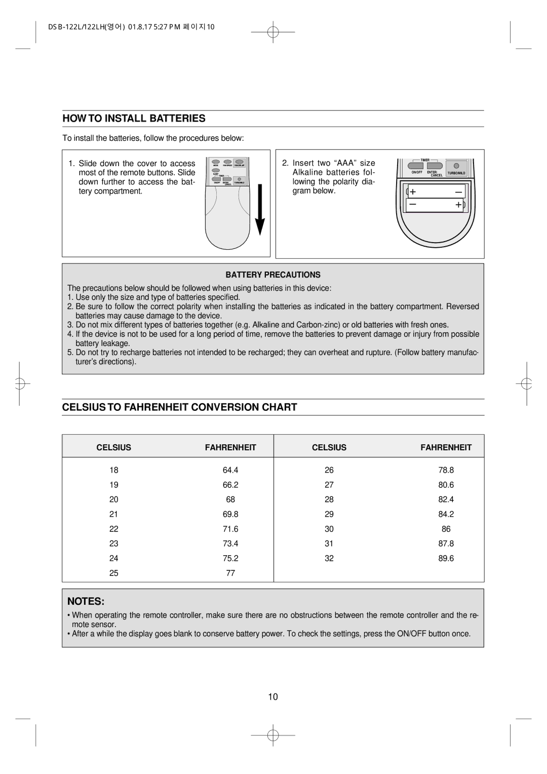 Daewoo DSB-122LH owner manual HOW to Install Batteries, Celsius to Fahrenheit Conversion Chart 