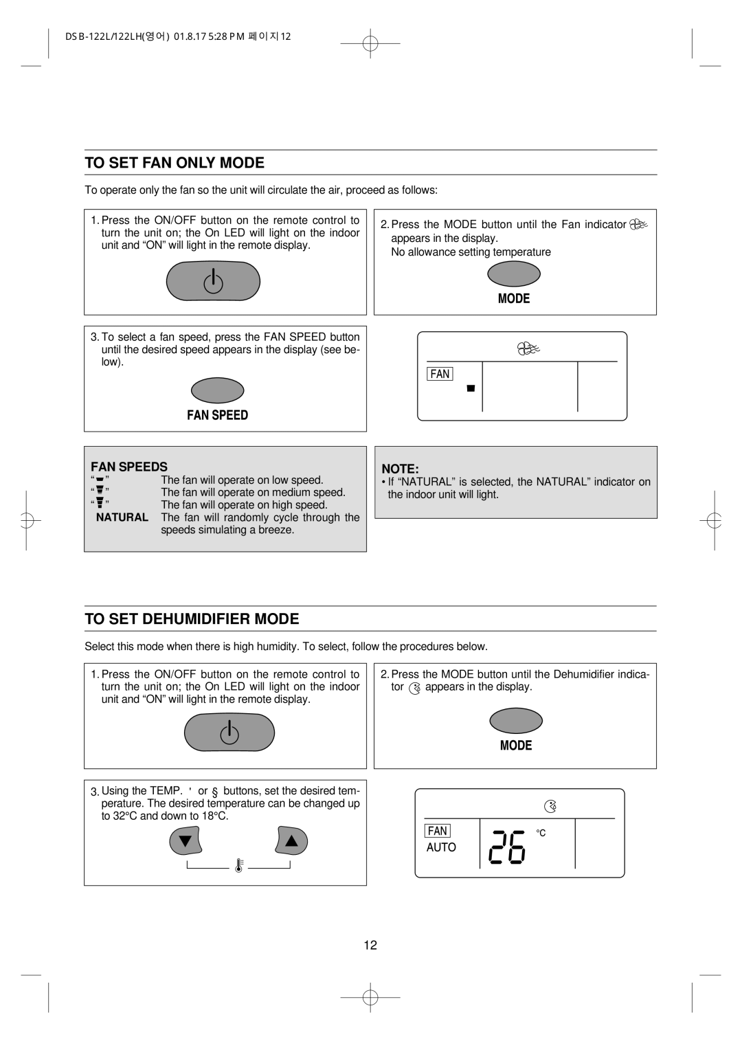 Daewoo DSB-122LH owner manual To SET FAN only Mode, To SET Dehumidifier Mode 