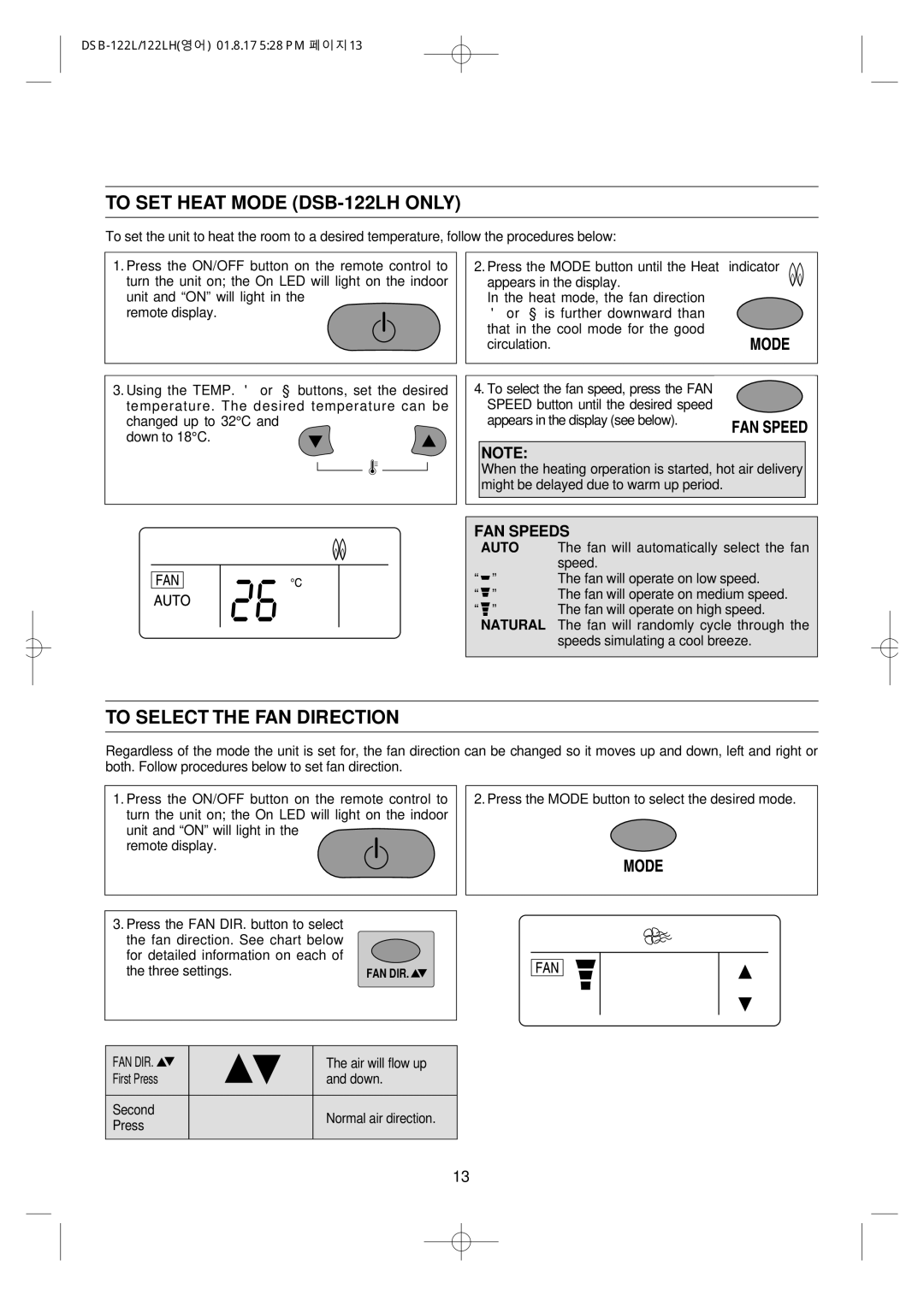 Daewoo owner manual To SET Heat Mode DSB-122LH only, To Select the FAN Direction 