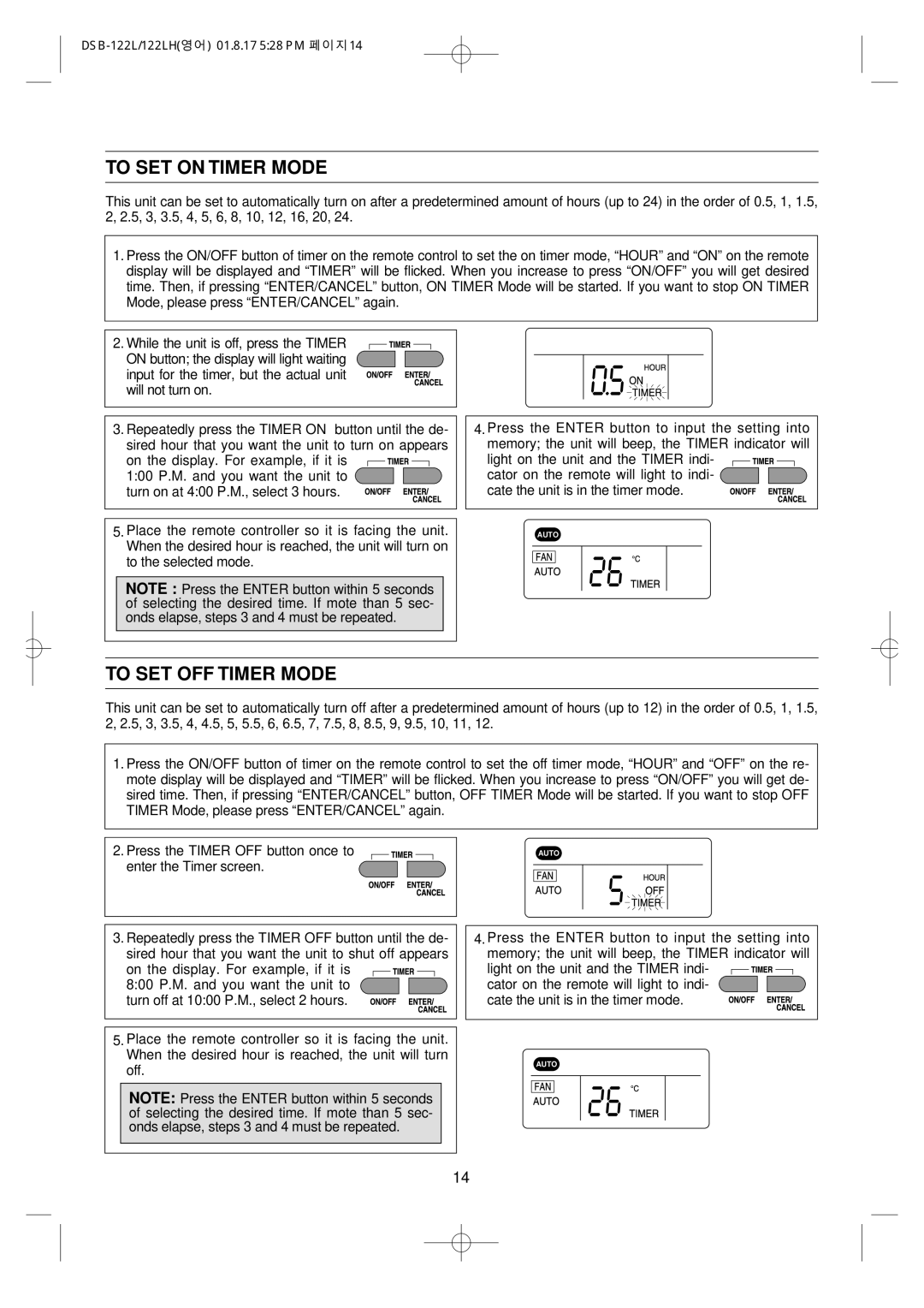 Daewoo DSB-122LH owner manual To SET on Timer Mode, To SET OFF Timer Mode 