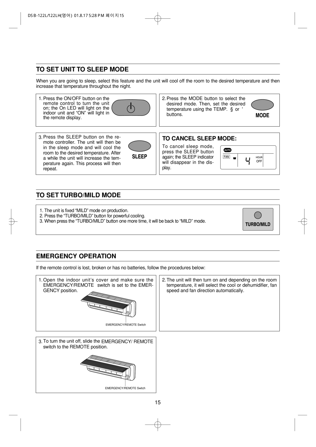 Daewoo DSB-122LH owner manual To SET Unit to Sleep Mode, To SET TURBO/MILD Mode, Emergency Operation, To Cancel Sleep Mode 