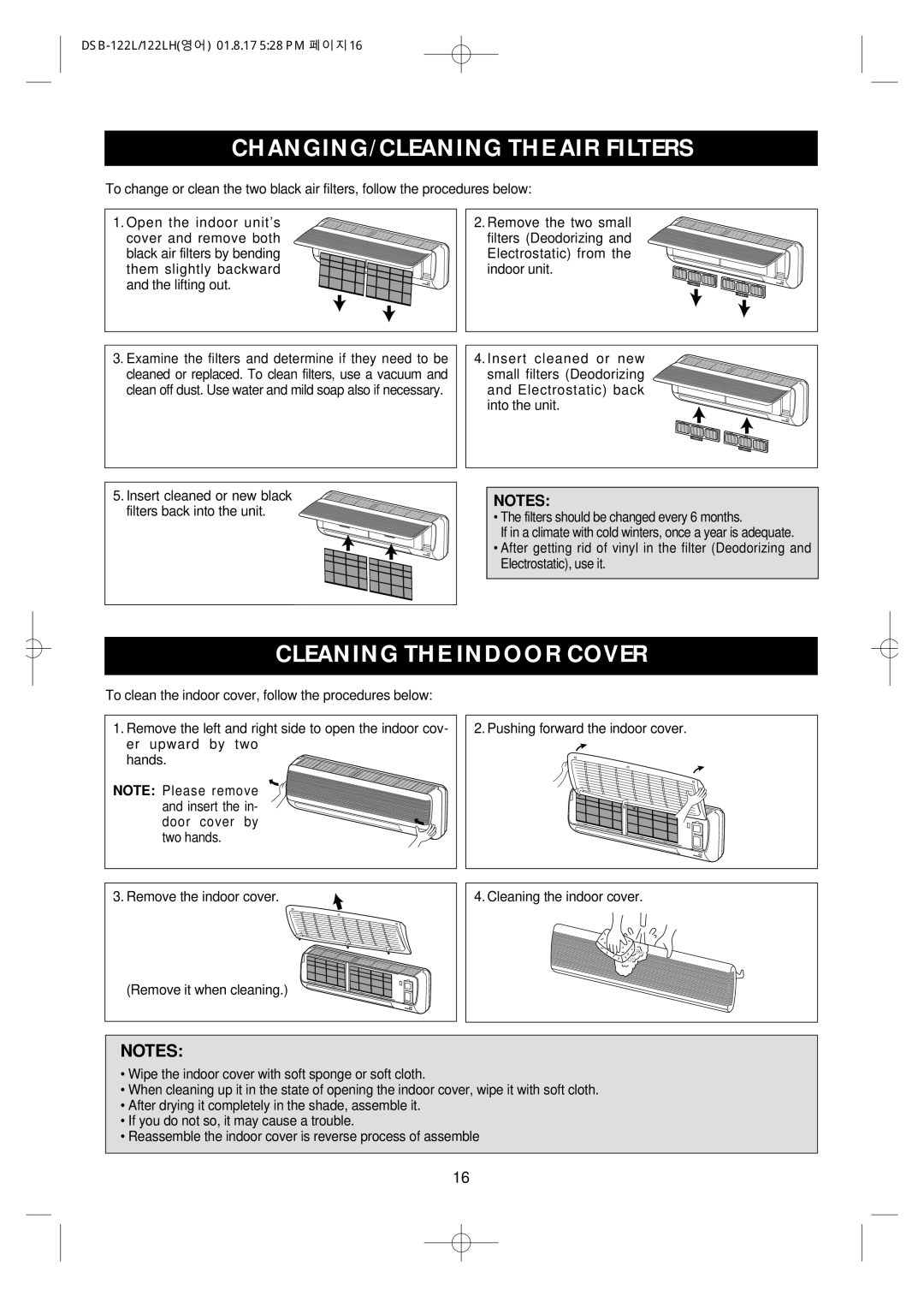 Daewoo DSB-122LH owner manual CHANGING/CLEANING the AIR Filters, Cleaning the Indoor Cover 