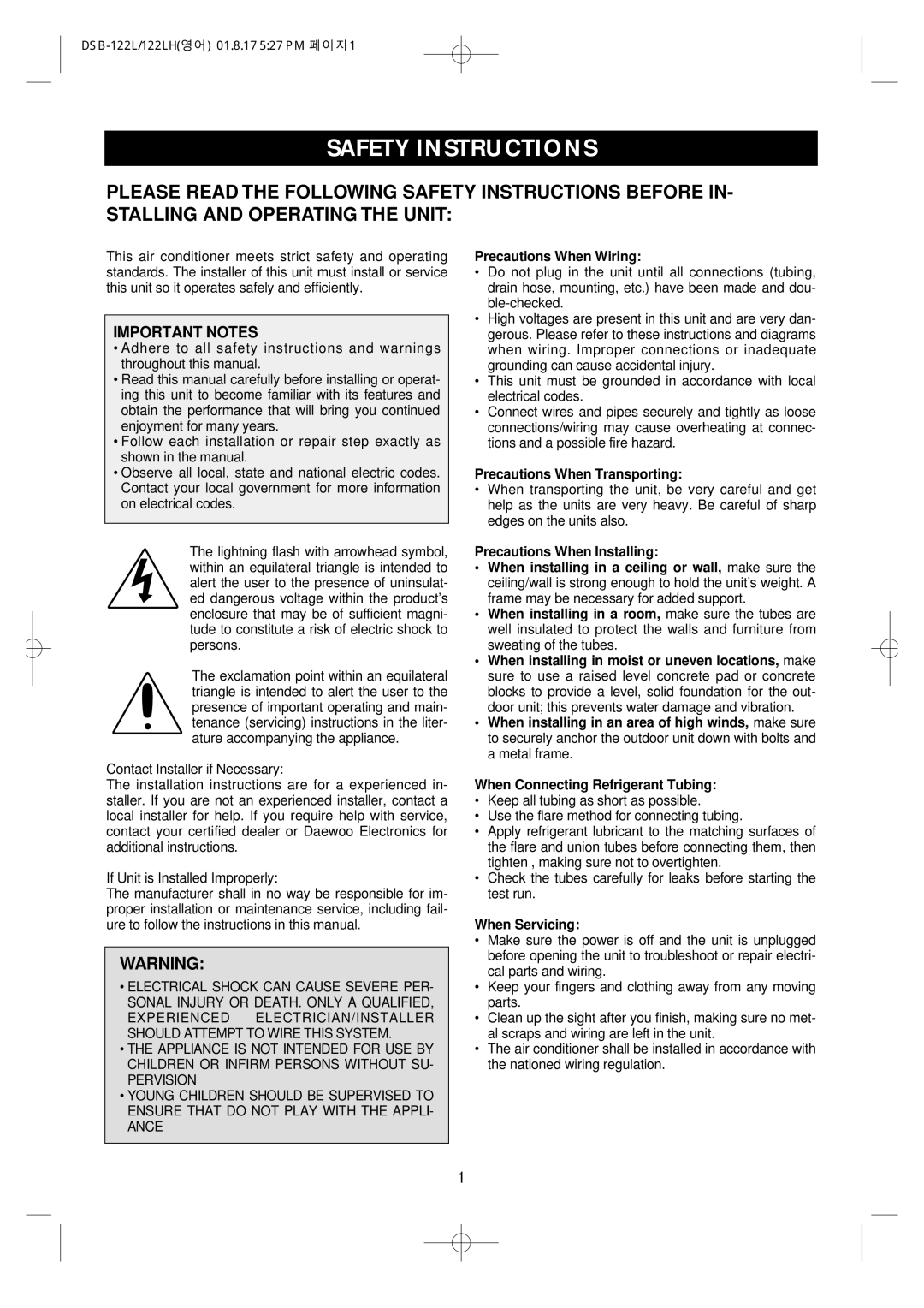 Daewoo DSB-122LH owner manual Safety Instructions, Important Notes 