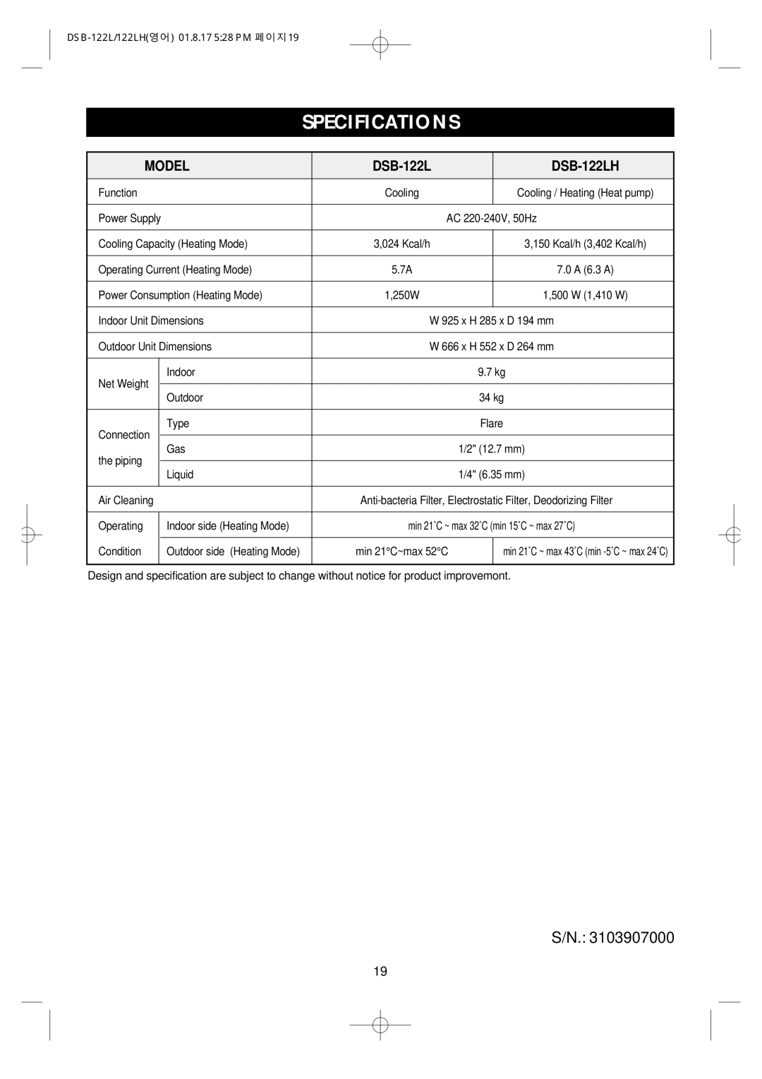 Daewoo DSB-122LH owner manual Specifications, Model 