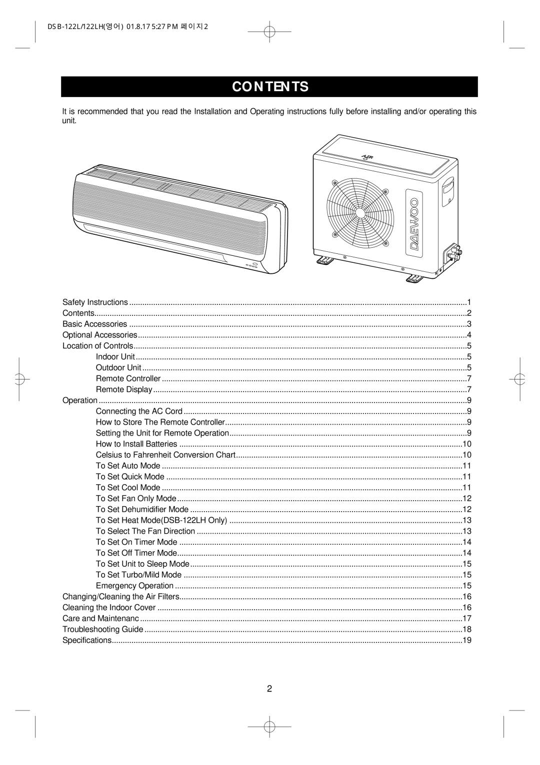 Daewoo DSB-122LH owner manual Contents 