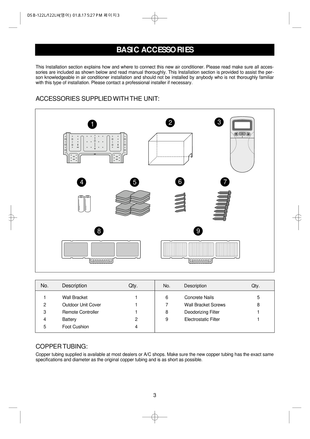 Daewoo DSB-122LH owner manual Basic Accessories, Accessories Supplied with the Unit, Copper Tubing 