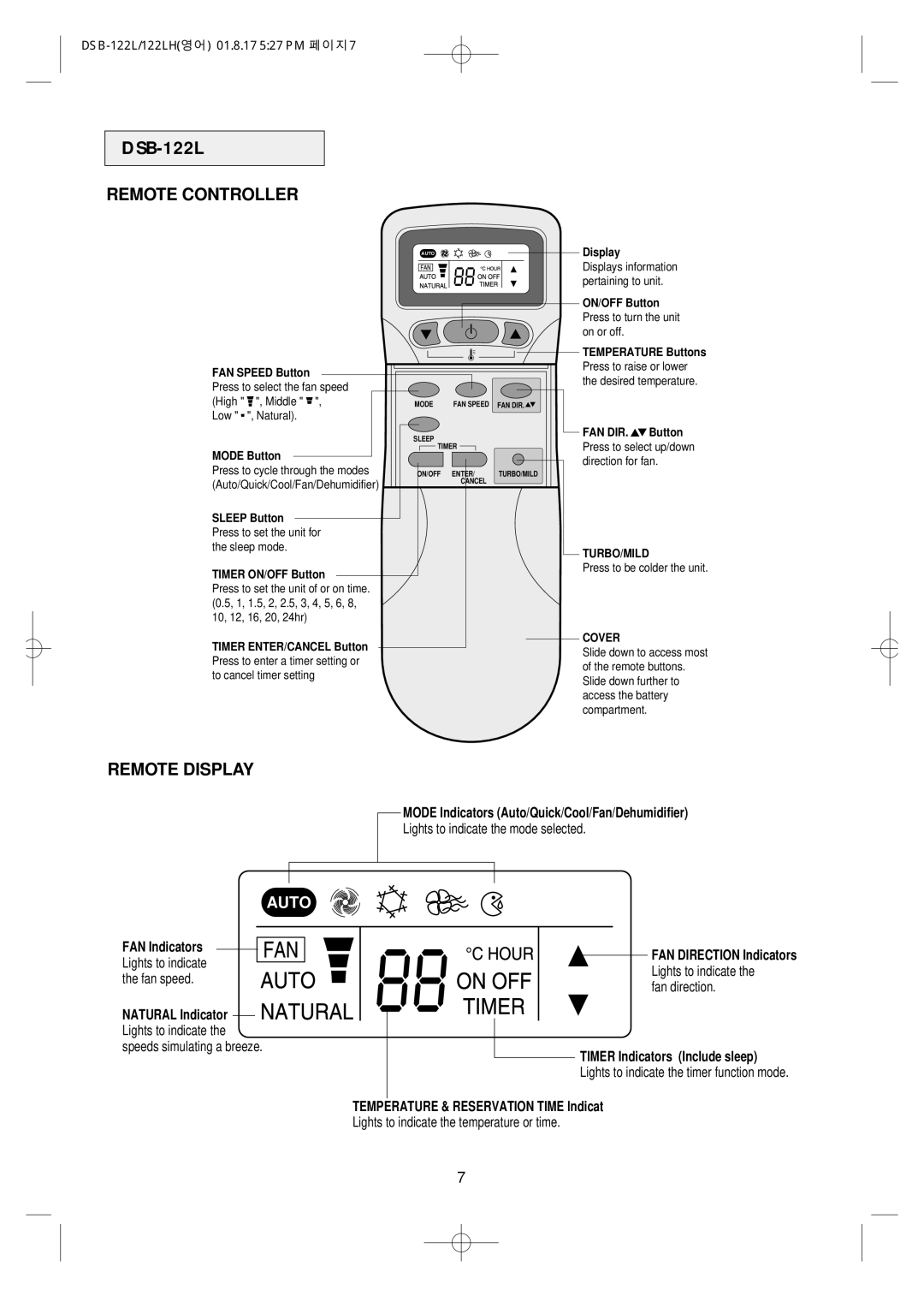 Daewoo DSB-122LH owner manual Remote Controller, Remote Display 