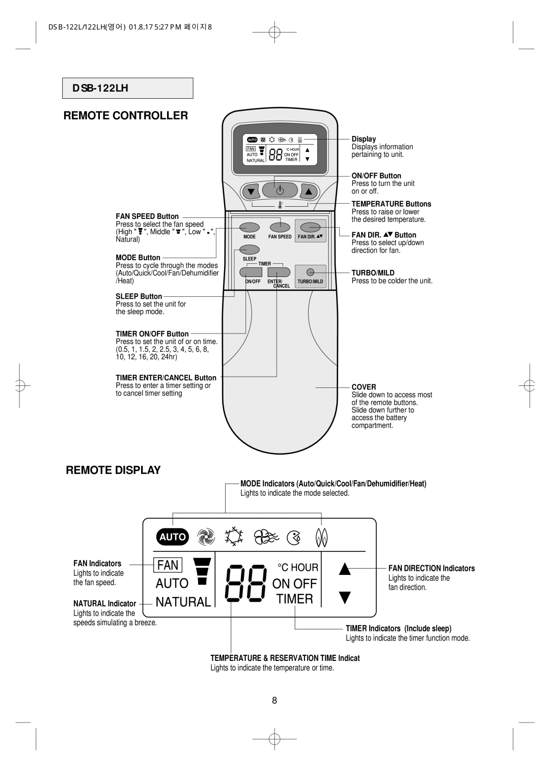 Daewoo owner manual DSB-122LH Remote Controller, Remote Display 