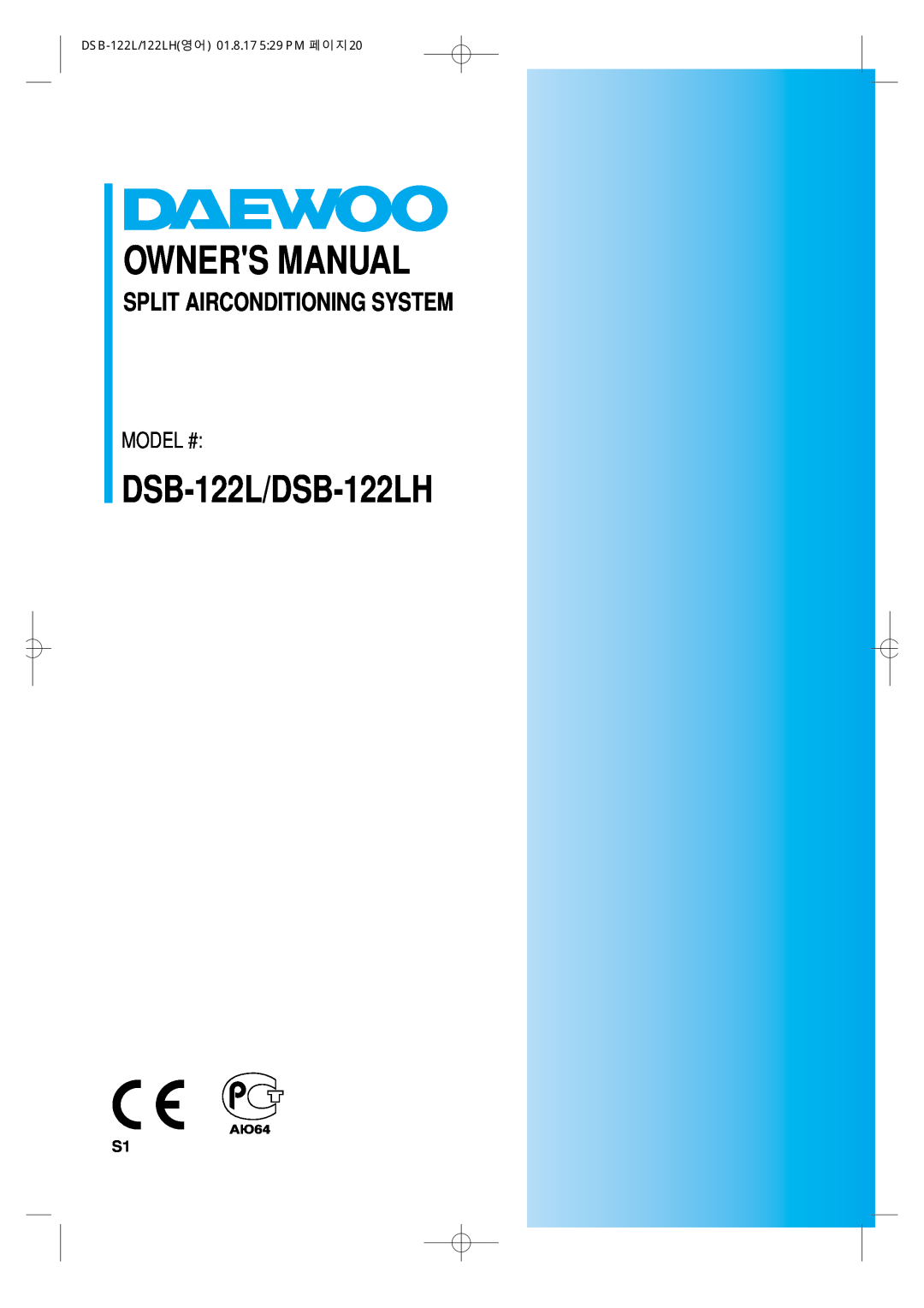 Daewoo owner manual DSB-122L/DSB-122LH, Split Airconditioning System, Model #, DSB-122L/122LH영어 01.8.17 529 PM 페이지20 
