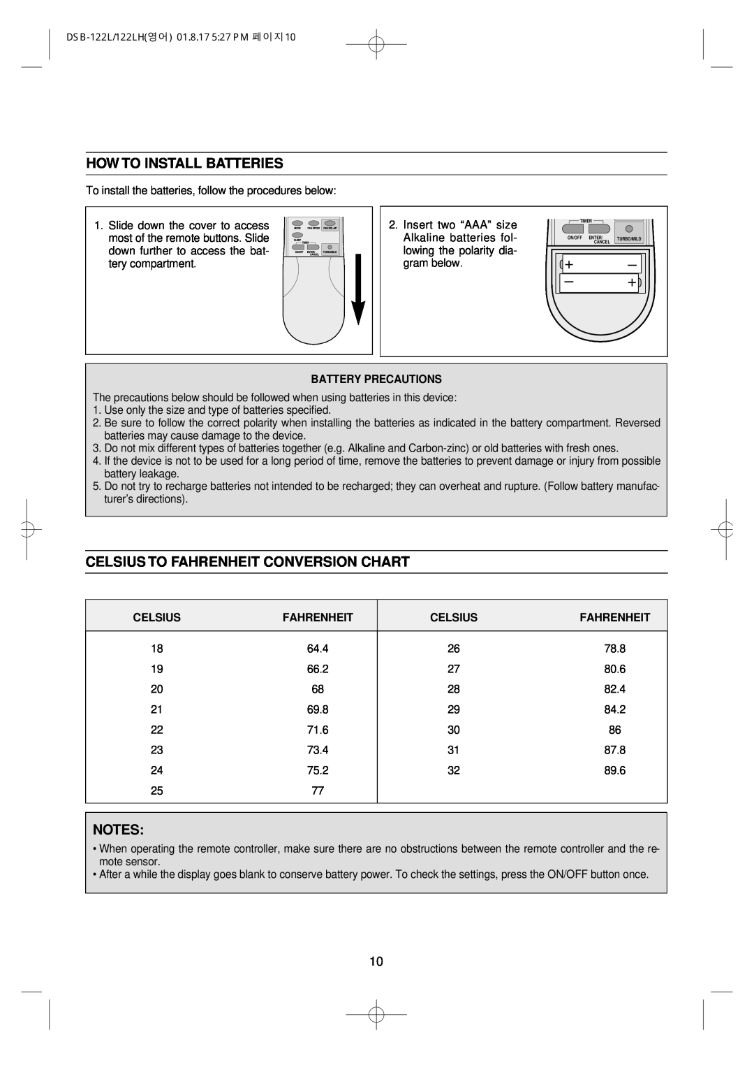 Daewoo DSB-122LH owner manual How To Install Batteries, Celsius To Fahrenheit Conversion Chart, Battery Precautions 