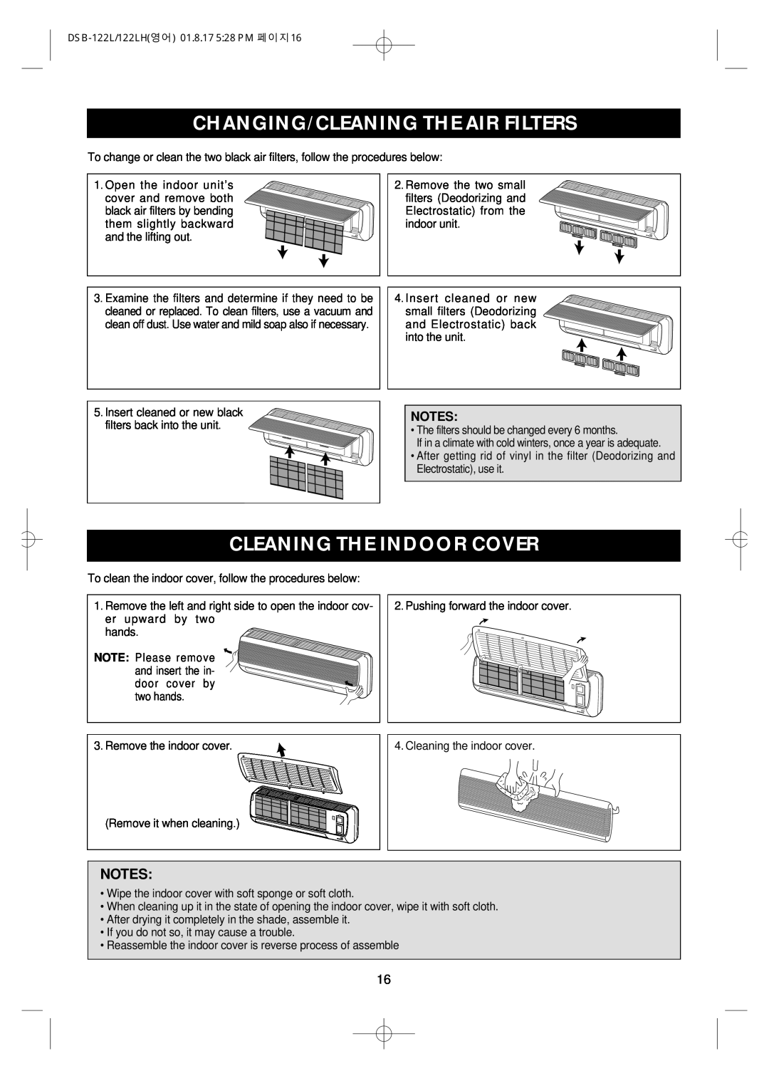 Daewoo DSB-122LH owner manual Changing/Cleaning The Air Filters, Cleaning The Indoor Cover 