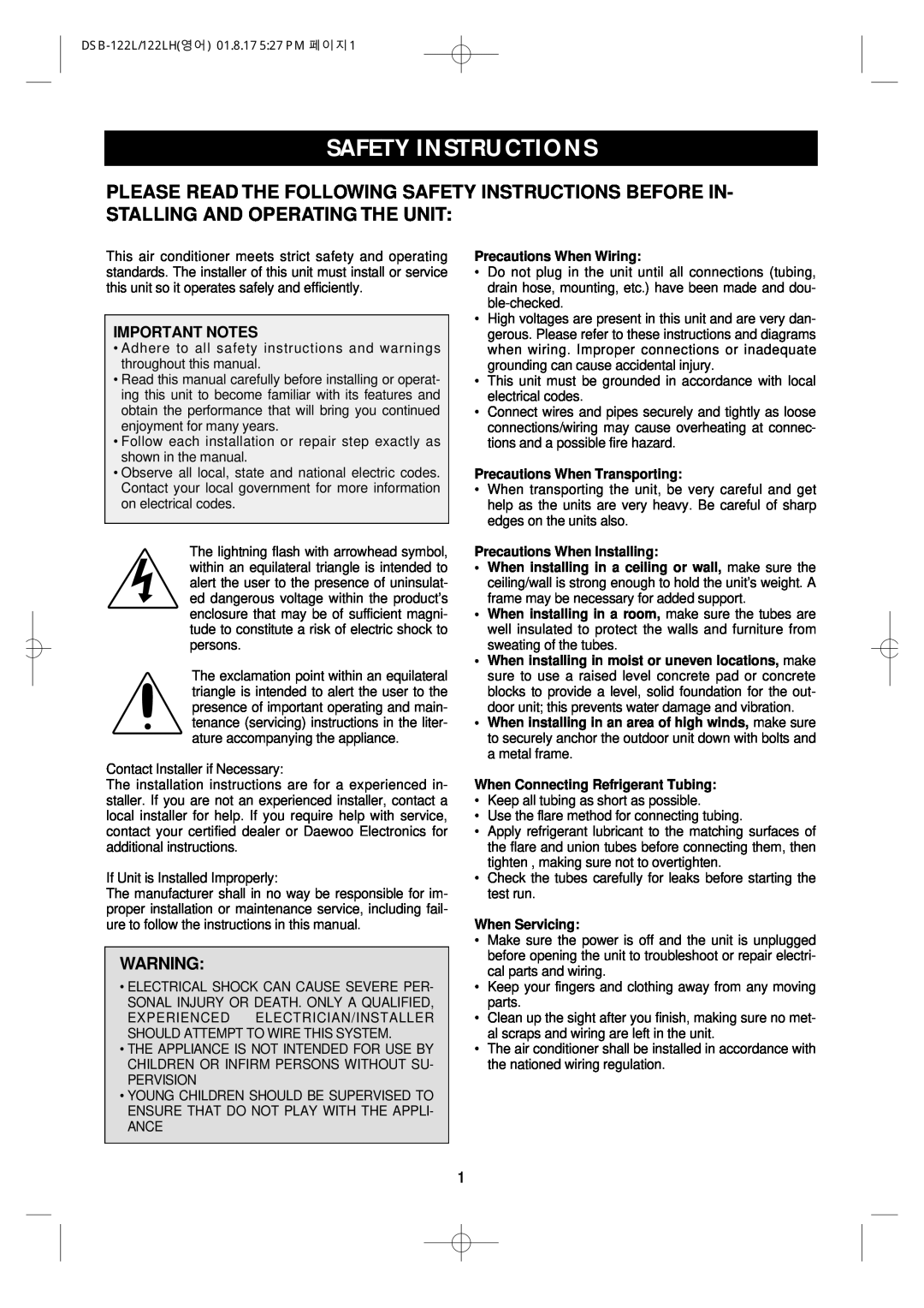Daewoo DSB-122LH owner manual Safety Instructions, Important Notes, Precautions When Wiring, Precautions When Transporting 