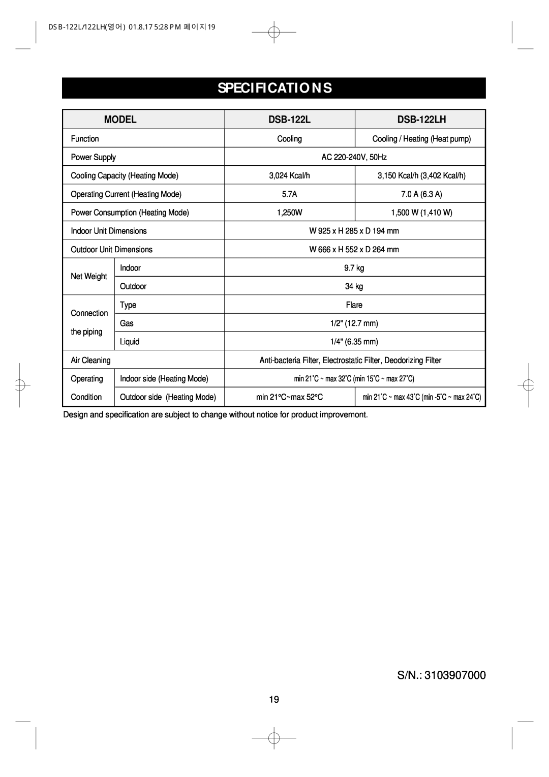 Daewoo DSB-122LH owner manual Specifications, Model 