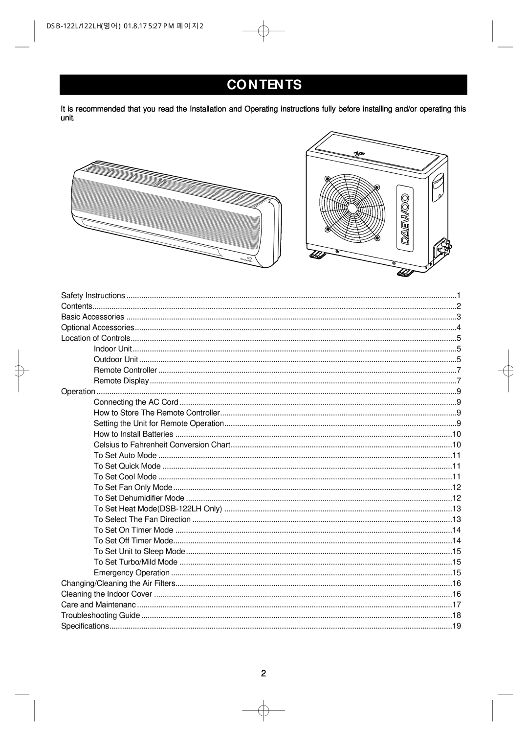 Daewoo DSB-122LH owner manual Contents 
