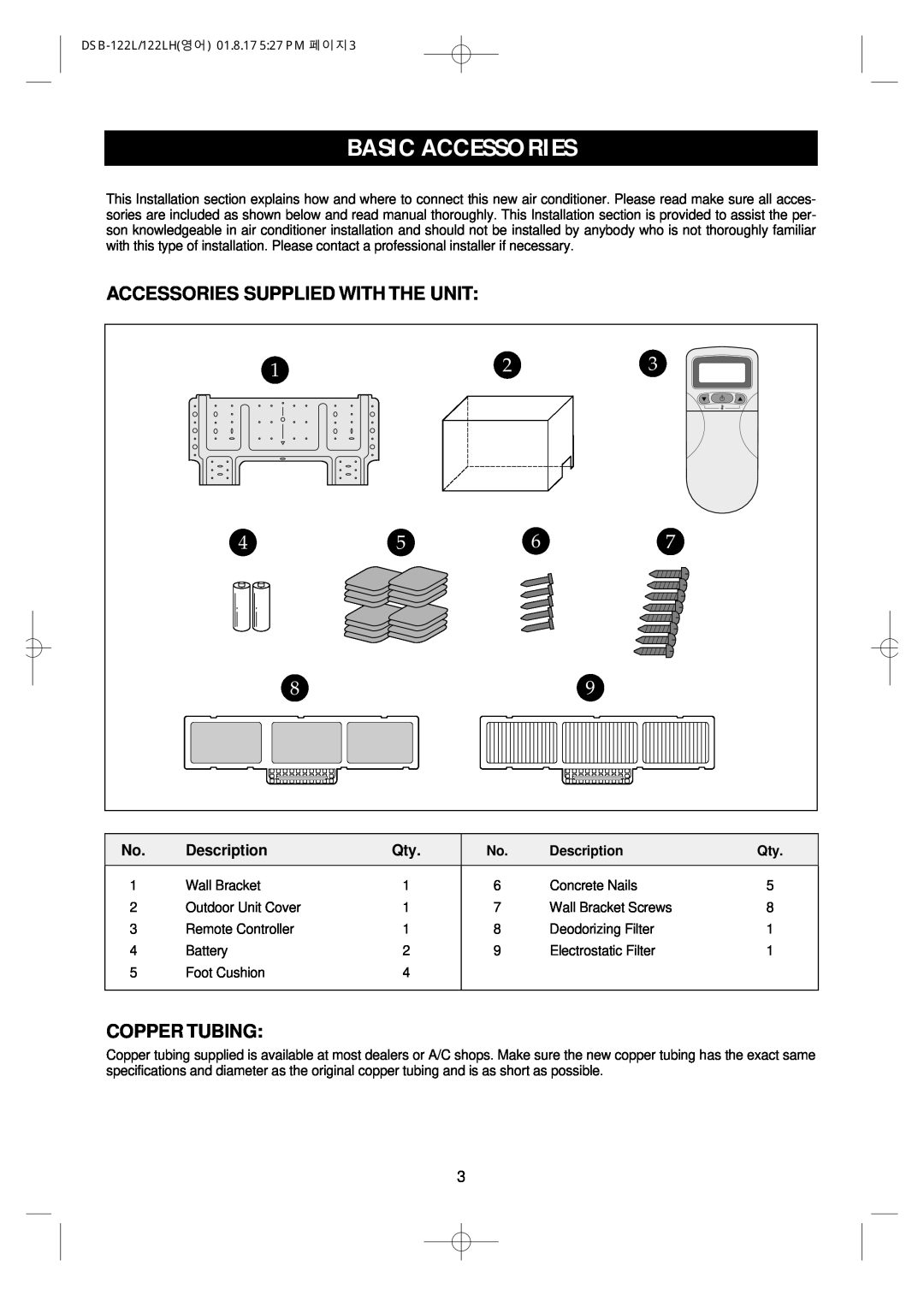 Daewoo DSB-122LH owner manual Basic Accessories, Accessories Supplied With The Unit, Copper Tubing, Description 