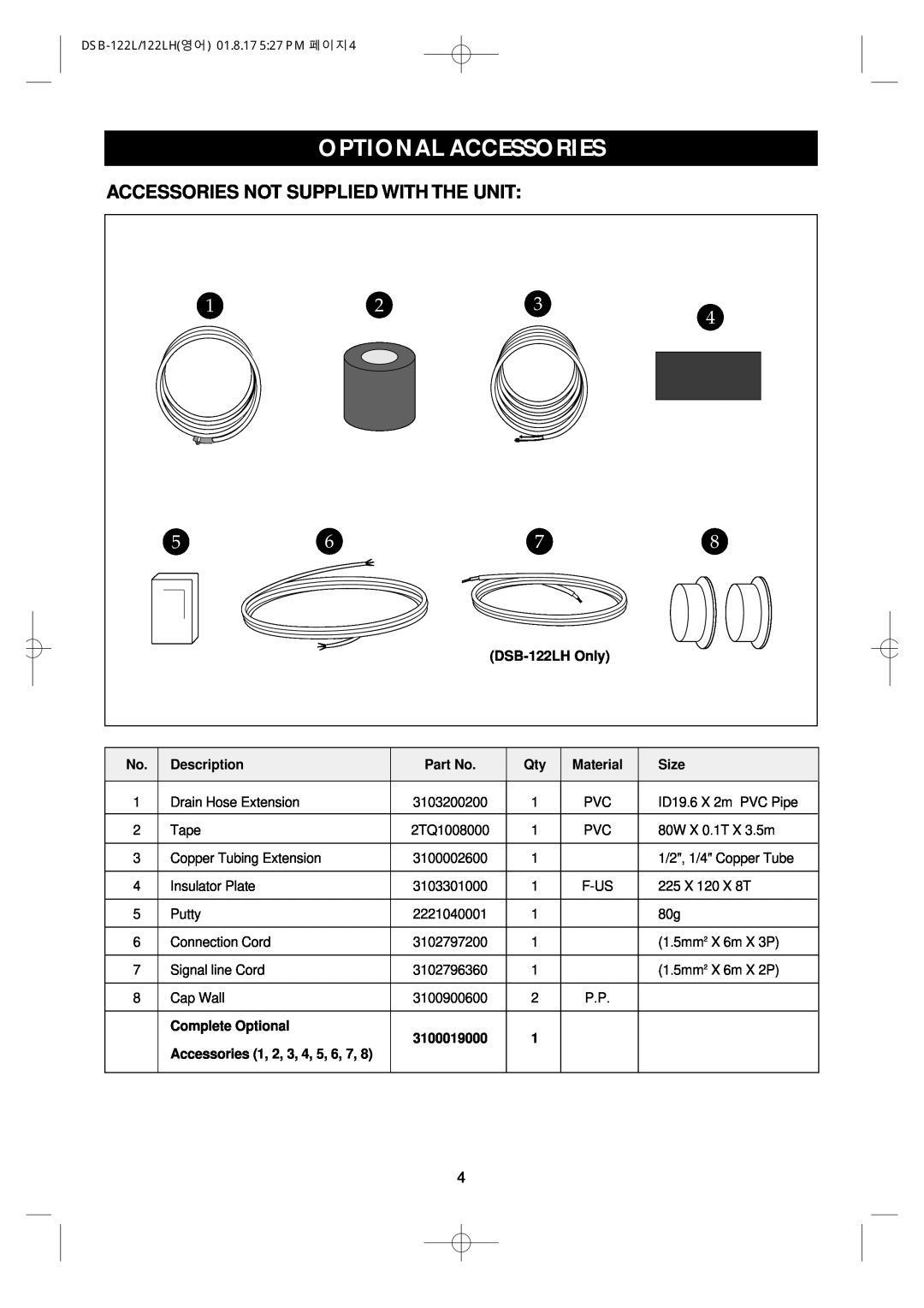 Daewoo Optional Accessories, Accessories Not Supplied With The Unit, DSB-122LH Only, Material, Size, Complete Optional 