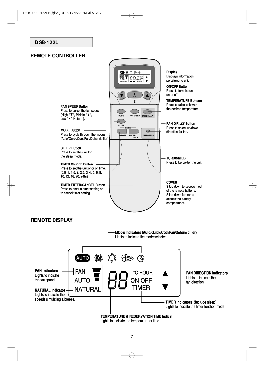 Daewoo DSB-122LH Remote Controller, Remote Display, MODE Indicators Auto/Quick/Cool/Fan/Dehumidifier, FAN SPEED Button 