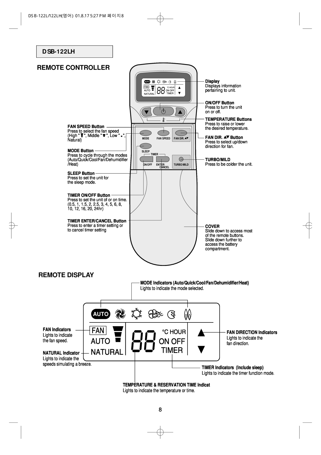 Daewoo owner manual DSB-122LH, Remote Controller, Remote Display, MODE Indicators Auto/Quick/Cool/Fan/Dehumidifier/Heat 