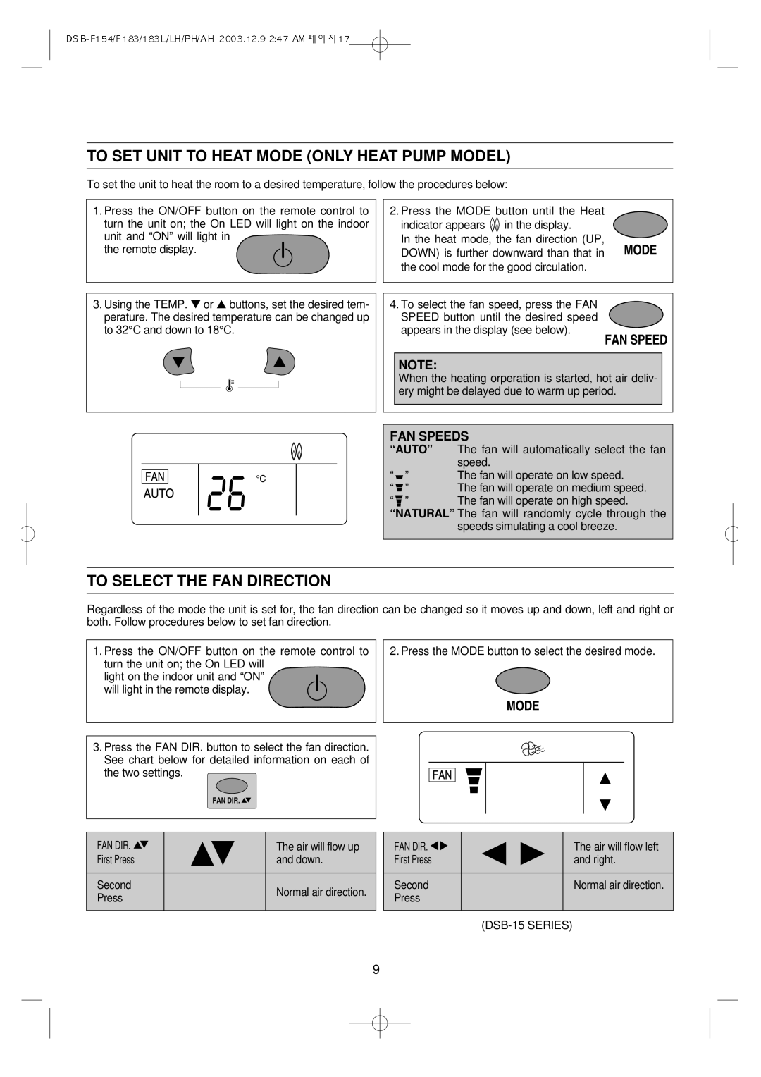 Daewoo DSB-F154LH owner manual To SET Unit to Heat Mode only Heat Pump Model, To Select the FAN Direction 