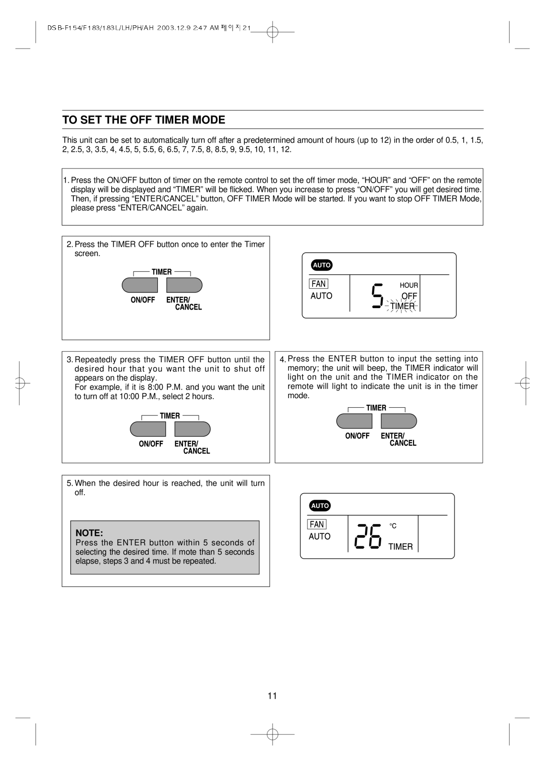 Daewoo DSB-F154LH owner manual To SET the OFF Timer Mode 