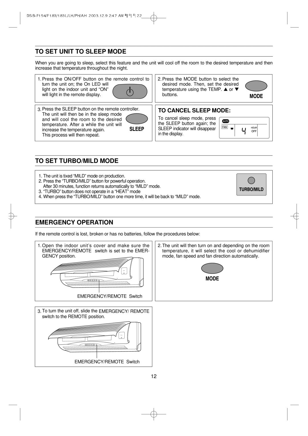 Daewoo DSB-F154LH owner manual To SET Unit to Sleep Mode, To SET TURBO/MILD Mode, Emergency Operation 