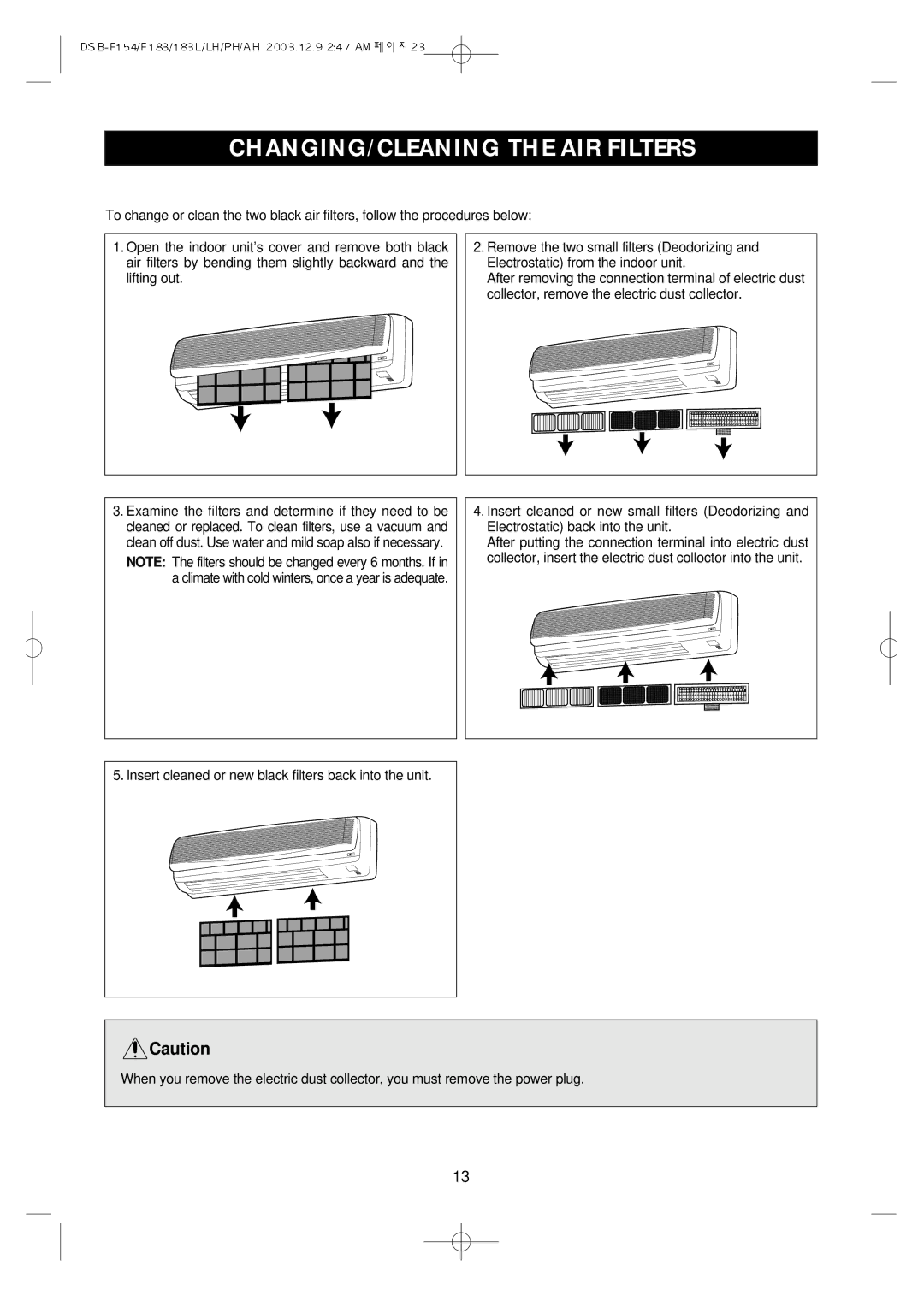 Daewoo DSB-F154LH owner manual CHANGING/CLEANING the AIR Filters 