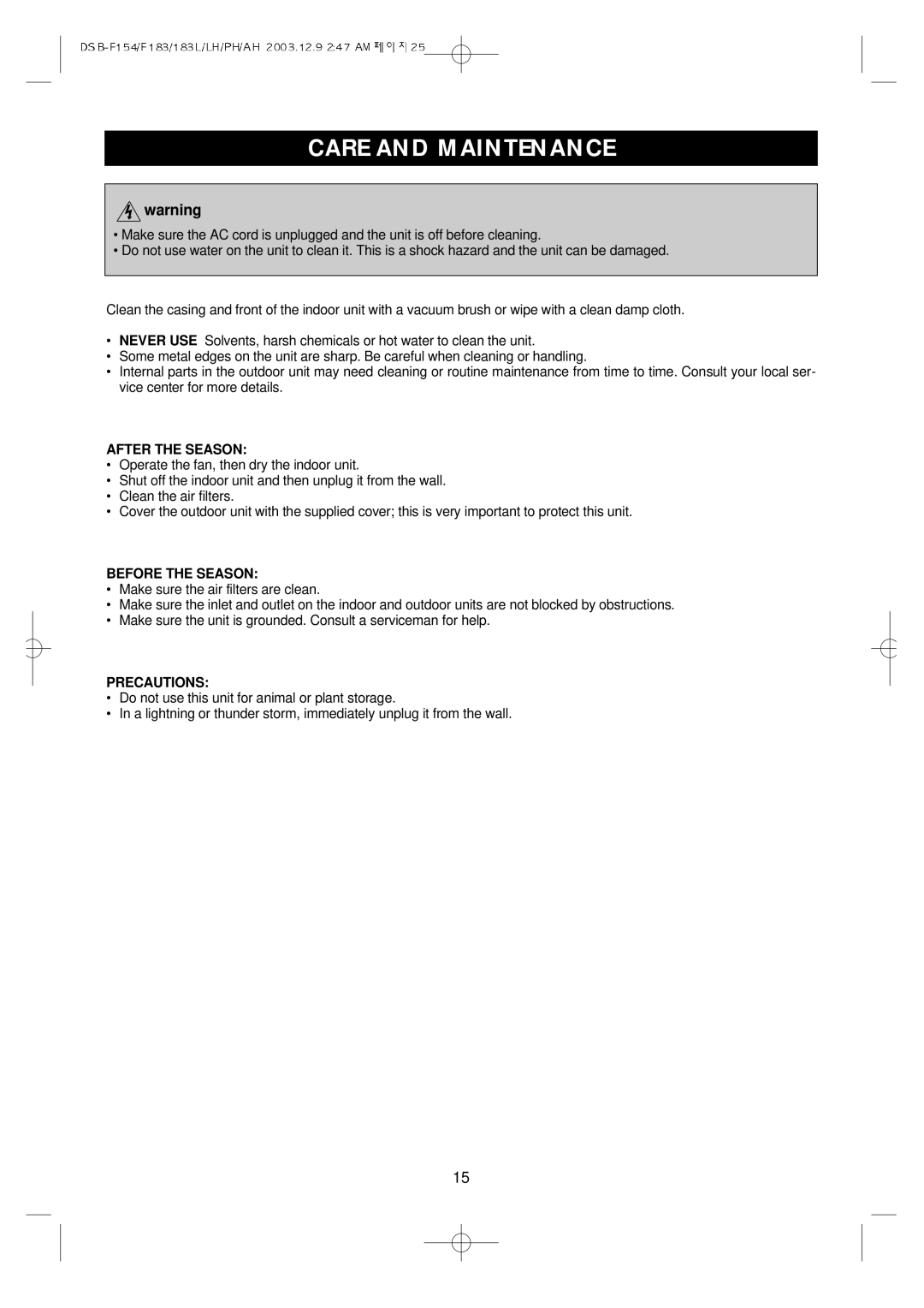 Daewoo DSB-F154LH owner manual Care and Maintenance, After the Season 