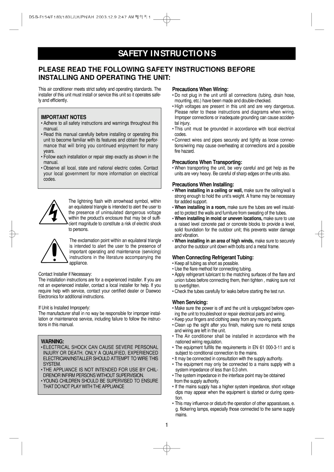 Daewoo DSB-F154LH owner manual Safety Instructions, Important Notes 