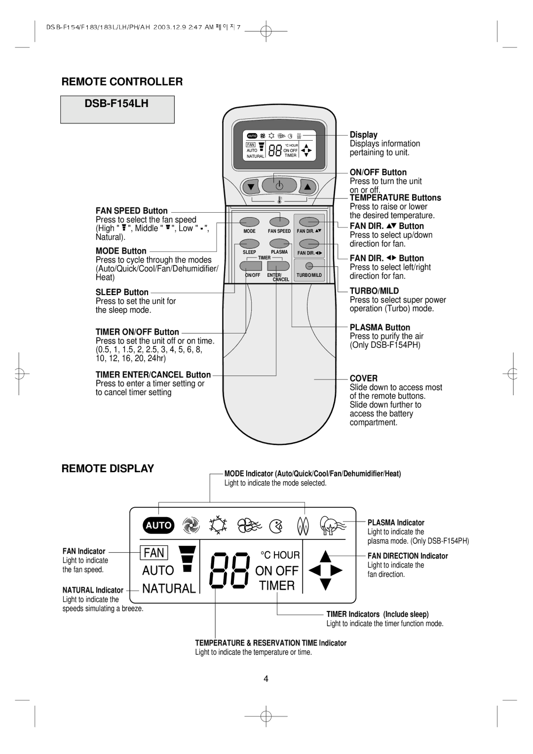 Daewoo owner manual Remote Controller DSB-F154LH, Remote Display, Turbo/Mild, Cover 