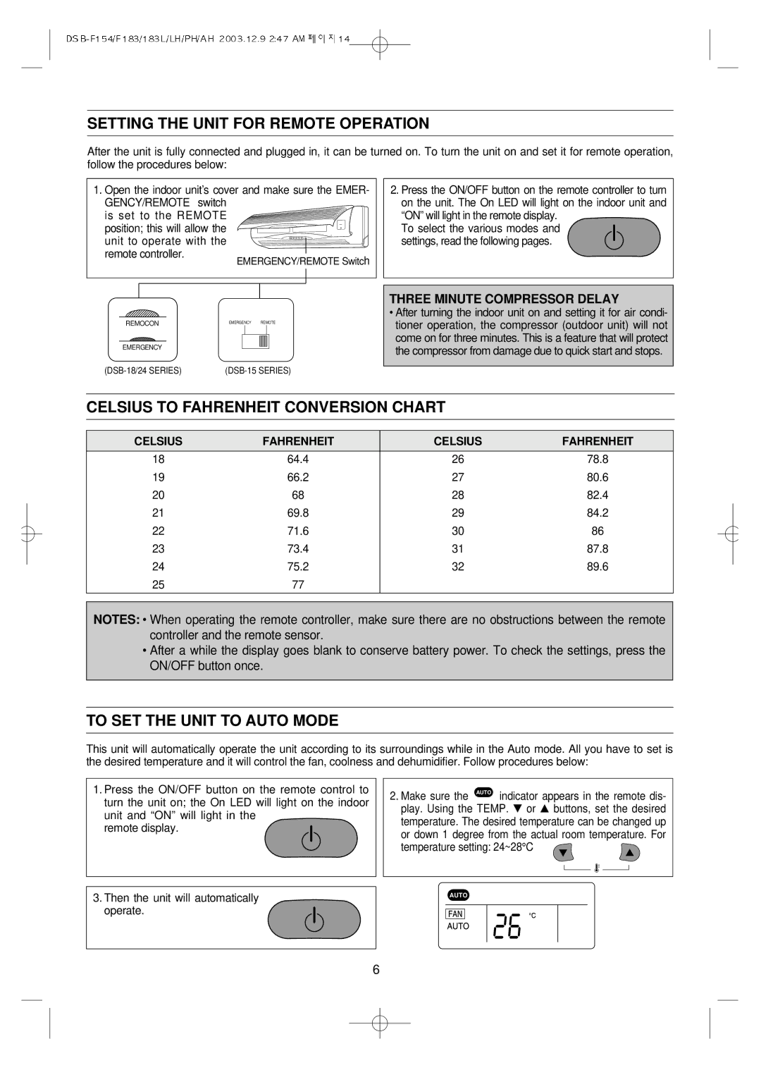 Daewoo DSB-F154LH owner manual Setting the Unit for Remote Operation, Celsius to Fahrenheit Conversion Chart 