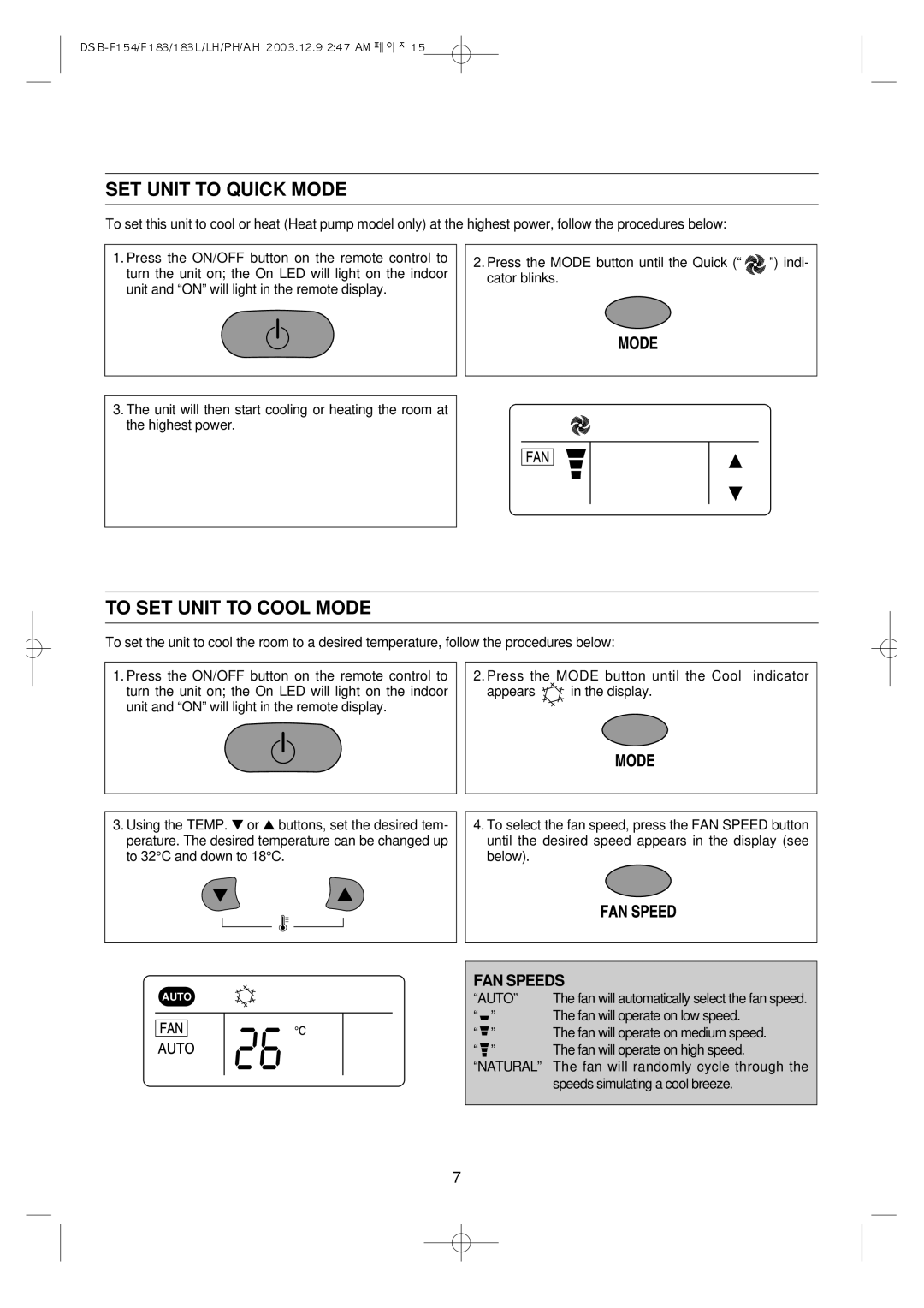 Daewoo DSB-F154LH owner manual SET Unit to Quick Mode, To SET Unit to Cool Mode, FAN Speeds 