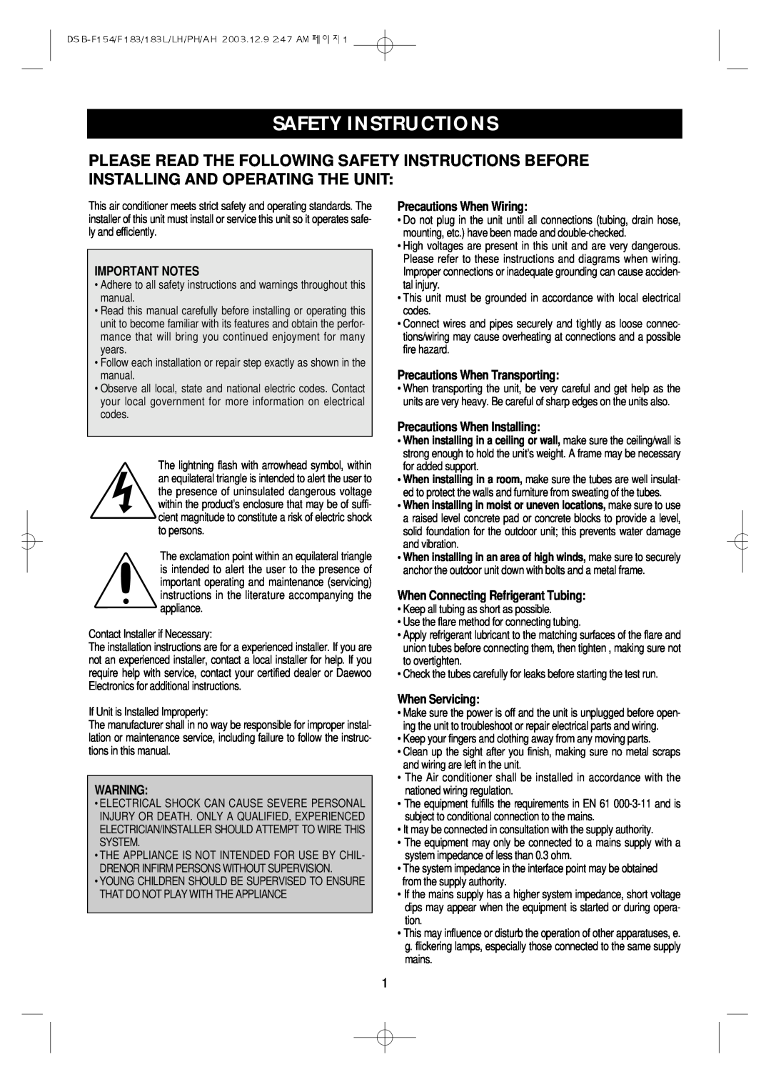 Daewoo DSB-F154LH owner manual Safety Instructions, Important Notes, Precautions When Wiring, Precautions When Transporting 