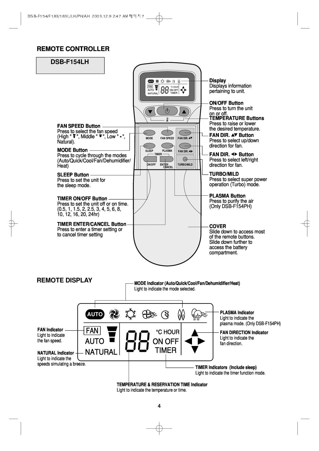Daewoo REMOTE CONTROLLER DSB-F154LH, Remote Display, FAN SPEED Button, MODE Button, SLEEP Button, TIMER ON/OFF Button 