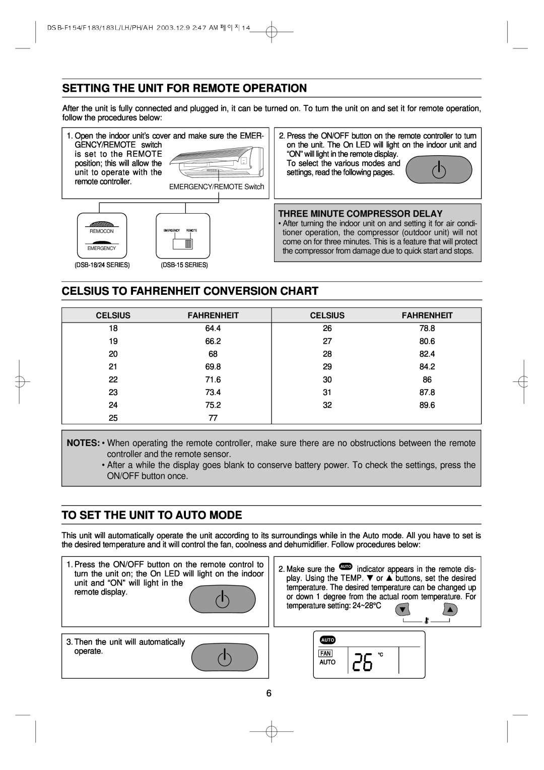 Daewoo DSB-F154LH owner manual Setting The Unit For Remote Operation, Celsius To Fahrenheit Conversion Chart 