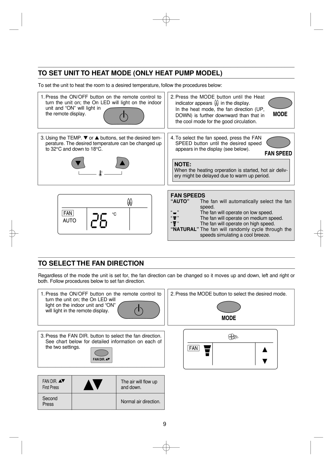 Daewoo DSB-F183L owner manual To SET Unit to Heat Mode only Heat Pump Model, To Select the FAN Direction 