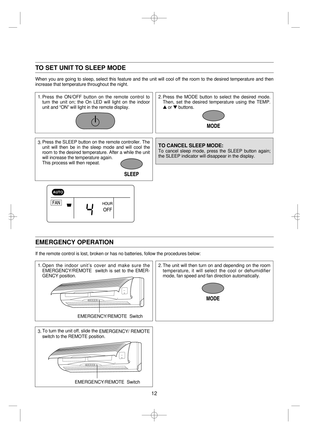 Daewoo DSB-F183L owner manual To SET Unit to Sleep Mode, Emergency Operation, To Cancel Sleep Mode 