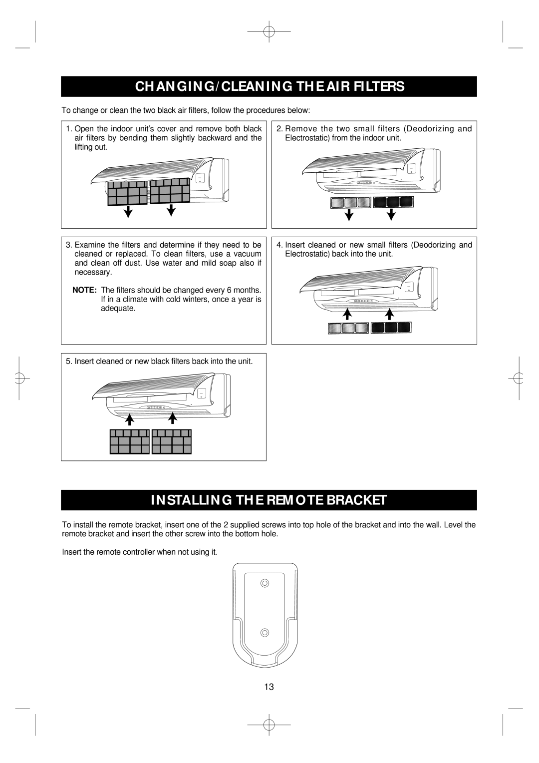 Daewoo DSB-F183L owner manual CHANGING/CLEANING the AIR Filters, Installing the Remote Bracket 