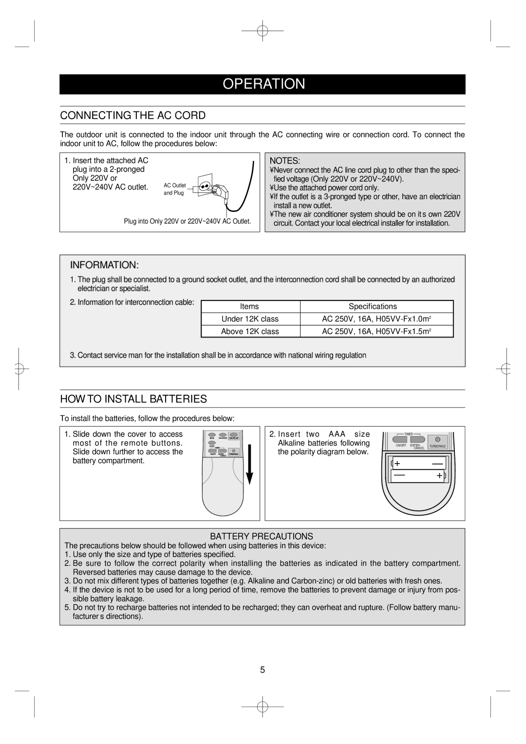 Daewoo DSB-F183L owner manual Operation, Connecting the AC Cord, HOW to Install Batteries, Battery Precautions 