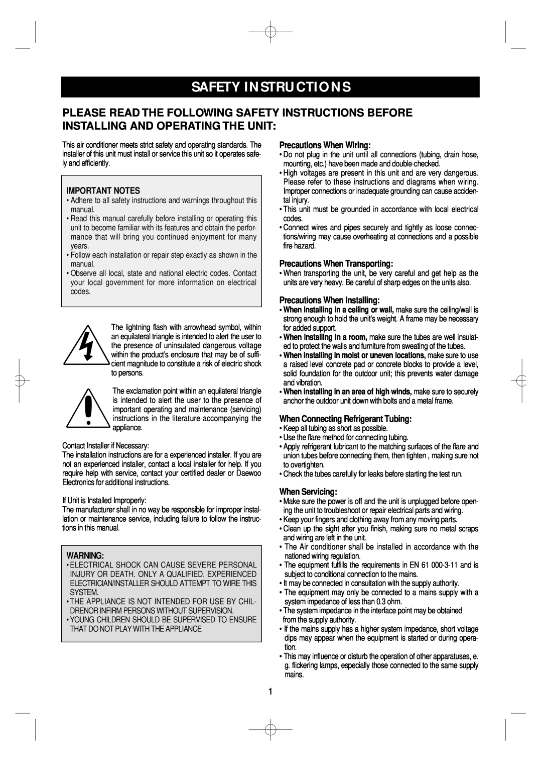 Daewoo DSB-F183L owner manual Safety Instructions, Important Notes, Precautions When Wiring, Precautions When Transporting 