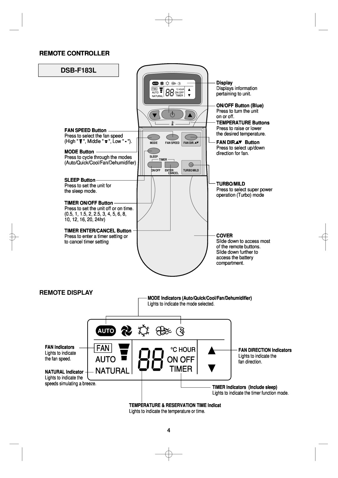 Daewoo DSB-F183L Remote Controller, Remote Display, Auto, FAN SPEED Button, MODE Button, SLEEP Button, TIMER ON/OFF Button 